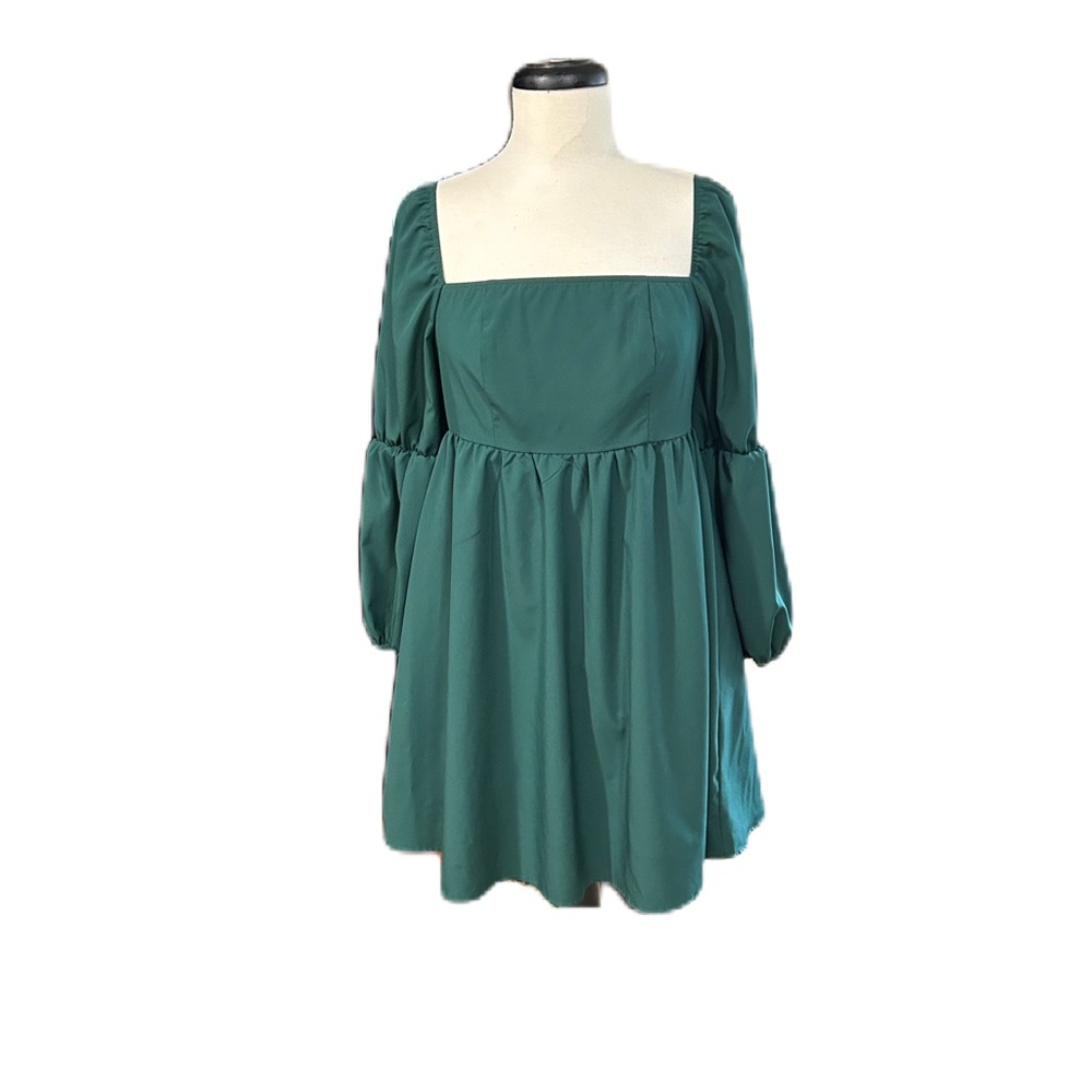 EXLURA Square Neck Long Puff Sleeve Smocked A-Line Mini Dress Green M Babydoll - Picture 1 of 6